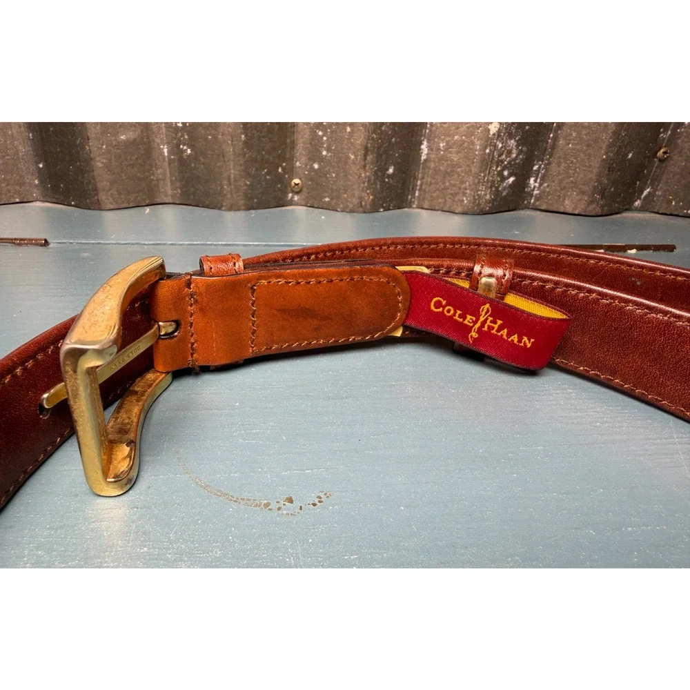 VTG Cole Haan Mens Brown Leather Woven Belt Solid Brass Buckle Italy Size 28